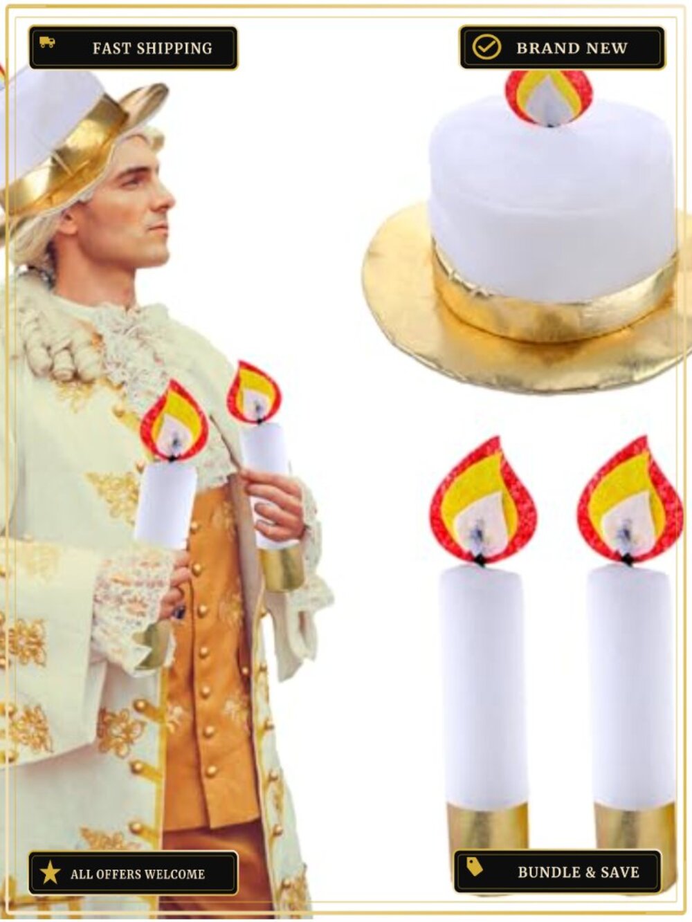 3 Pc Candelabra Costume Kit Candlelit Hat & Hand Candle Non Woven Fabric